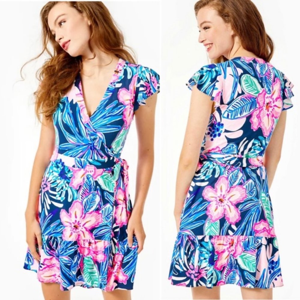Lilly Pulitzer Twyla romper wrap dress Sugar Mambo ruffle hem short sleeves